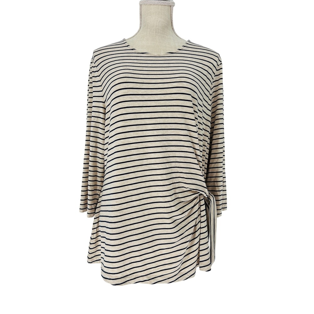 Chico's Tunic Top Women 2 L Beige Navy Stripe Side Tie Knot Knit Casual Nautical